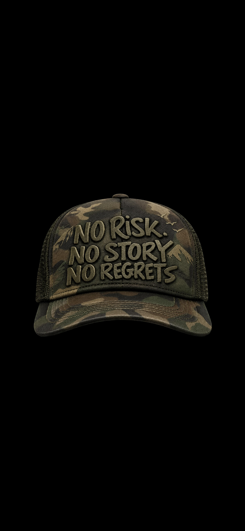 NO REGRETS CAMO GREEN CLUB TRUCKER CAP