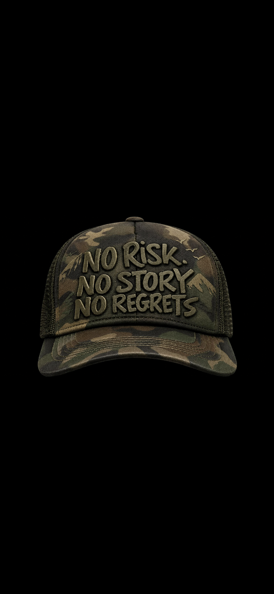 NO REGRETS CAMO GREEN CLUB TRUCKER CAP